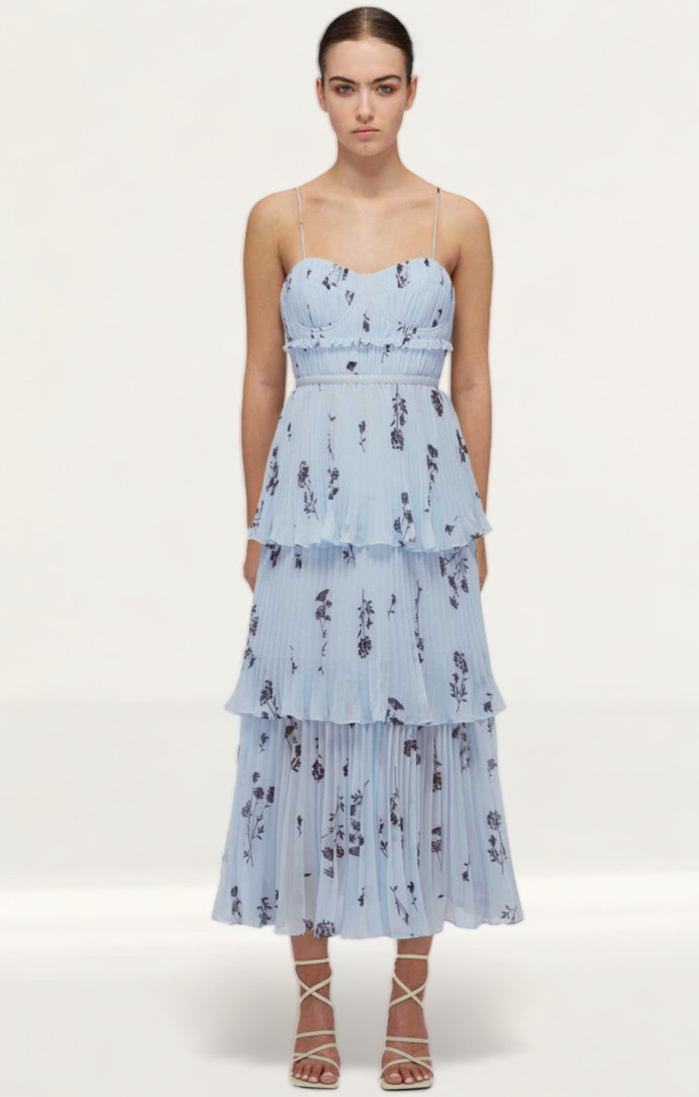 Self Portrait Blue Floral Sleeveless Chiffon Tiered Midi Dress product image