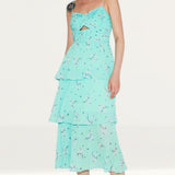 Self-Portrait Floral Tiered Chiffon Midi Dress in Mint product image