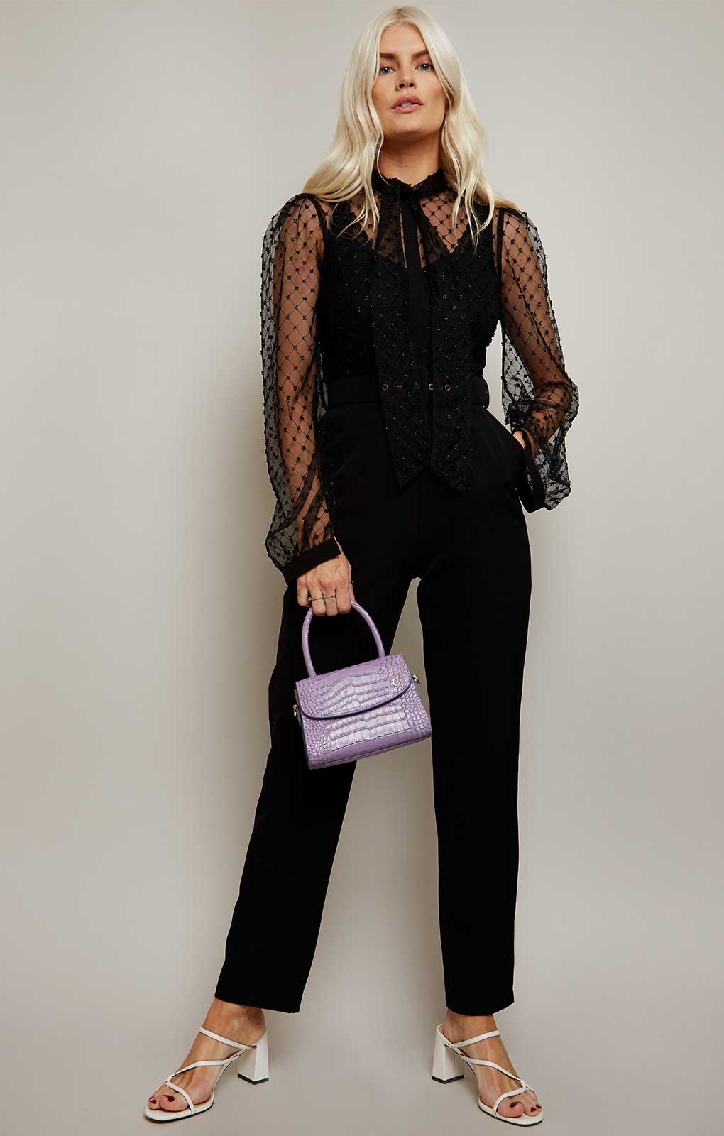 Little Mistress Chiara Black Beaded Pussybow Jumpsuit