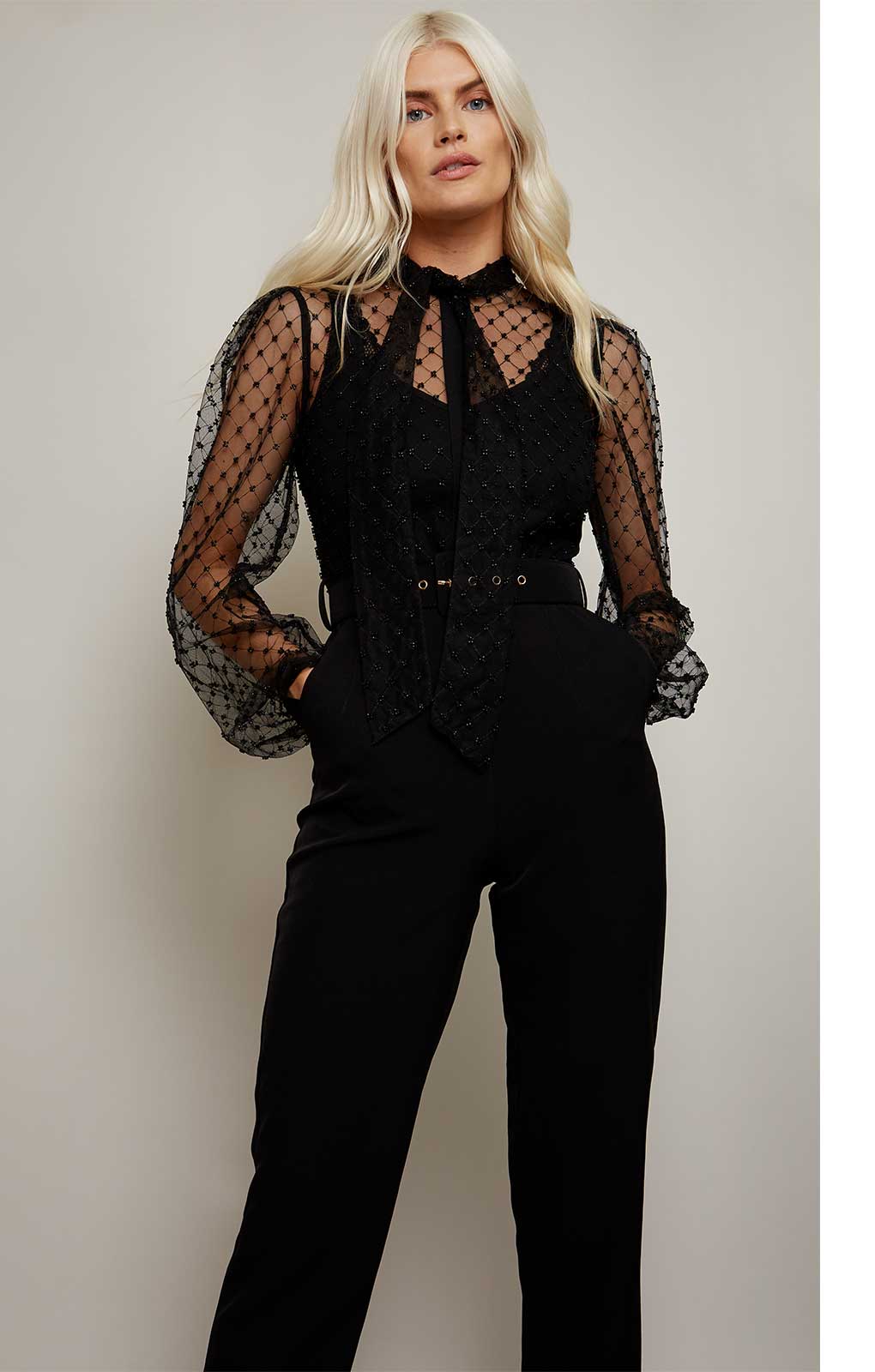 Little Mistress Chiara Black Beaded Pussybow Jumpsuit