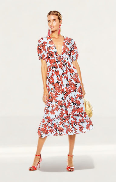 strapless open back dress Martina Red Flower Midi Dress – Finery London main image 1
