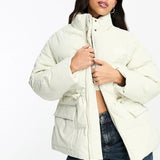 The Couture Club Oversized Pleated Puffer Jacket In Beige With Tie Waist Detail