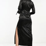 The Frolic Exclusive Floral Satin Tie-Detail Midaxi Dress In Black