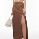 Topshop Button Split Midi Skirt In Chocolate