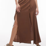 Topshop Button Split Midi Skirt In Chocolate