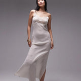 Topshop Crochet Bodice Midi Slip Dress In Ivory