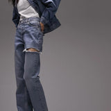 Topshop Dad Mid Rise Straight Jean With Side Rip In Bleach