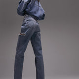 Topshop Dad Mid Rise Straight Jean With Side Rip In Bleach