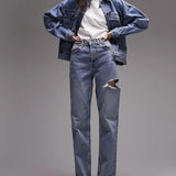 Topshop Dad Mid Rise Straight Jean With Side Rip In Bleach