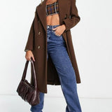 Topshop Double Breasted Long Coat In Chocolate