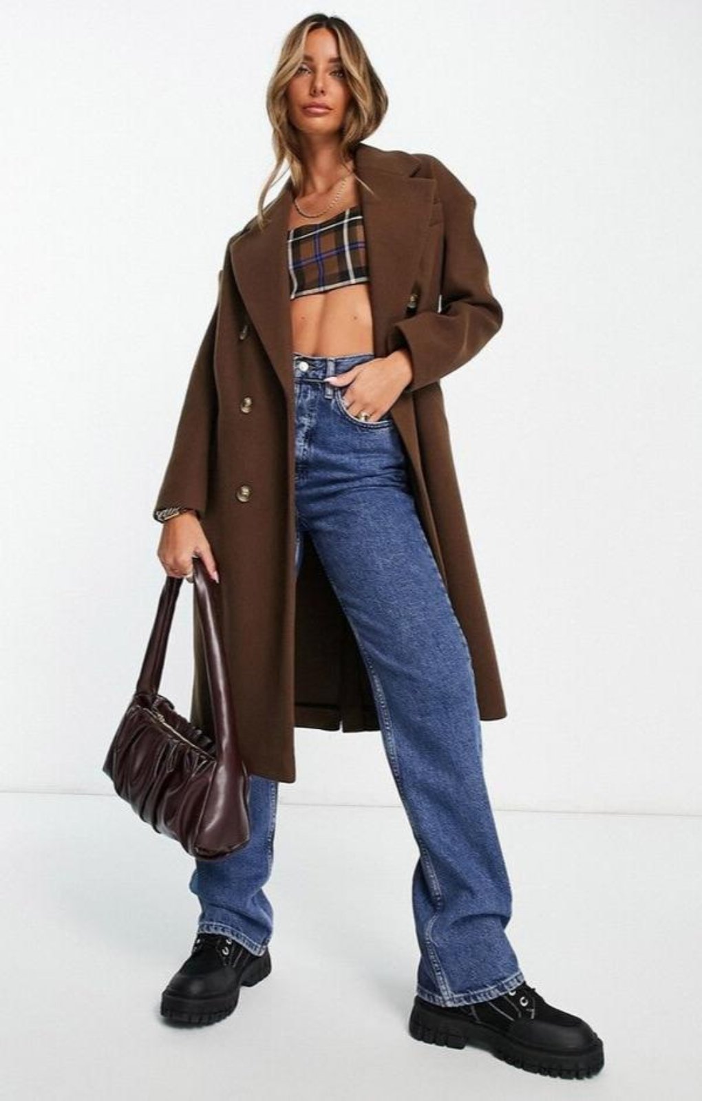 Topshop Double Breasted Long Coat In Chocolate