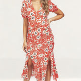 Topshop Red Floral Print Midi Dress