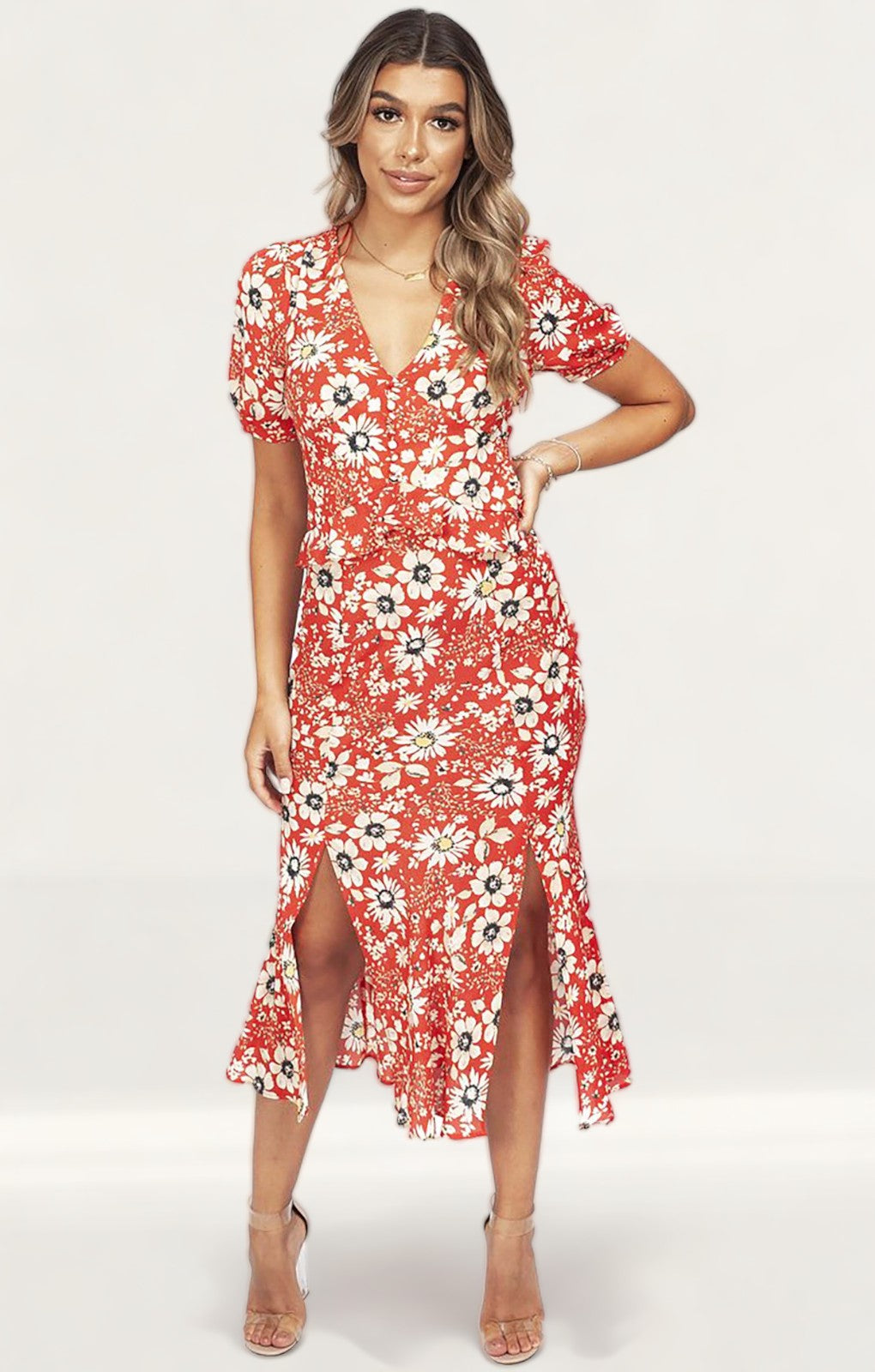 Topshop Red Floral Print Midi Dress