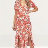 Topshop Red Floral Print Midi Dress product image