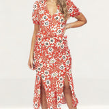 Topshop Red Floral Print Midi Dress