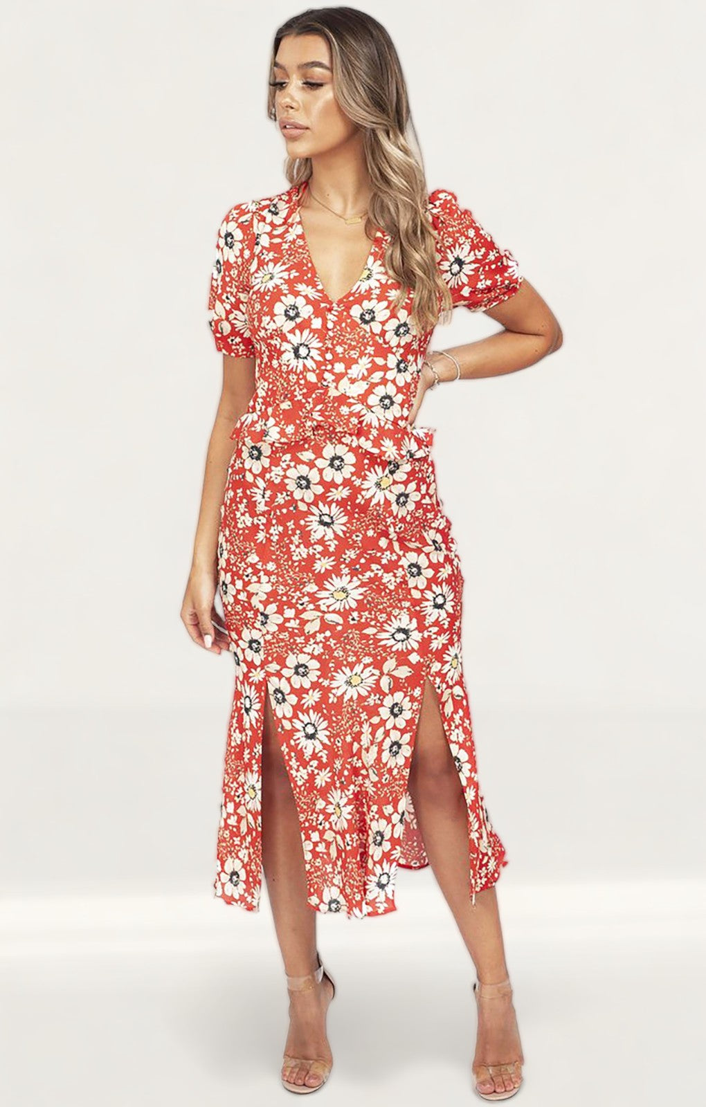 Topshop Red Floral Print Midi Dress