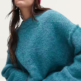 Topshop Knitted Longline Exposed Seam Fluffy Crew Neck Jumper in Teal product image