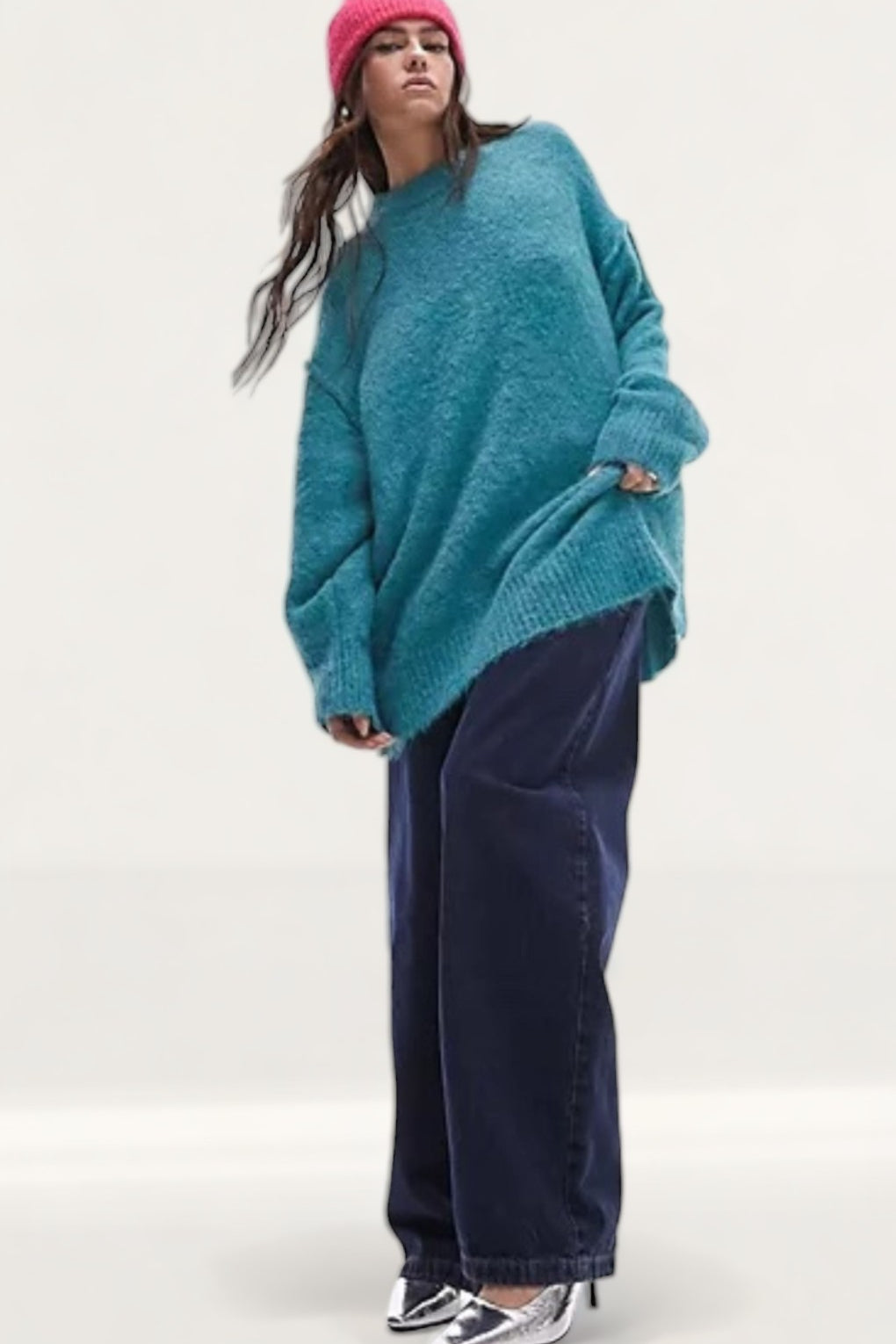 Topshop Knitted Longline Exposed Seam Fluffy Crew Neck Jumper in Teal product image