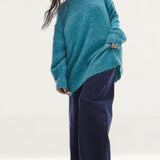 Topshop Knitted Longline Exposed Seam Fluffy Crew Neck Jumper in Teal