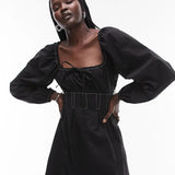 Topshop Poplin Topstitch Tea Dress In Black