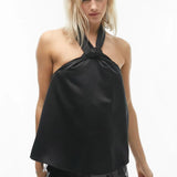 Topshop Satin Halter Top In Black