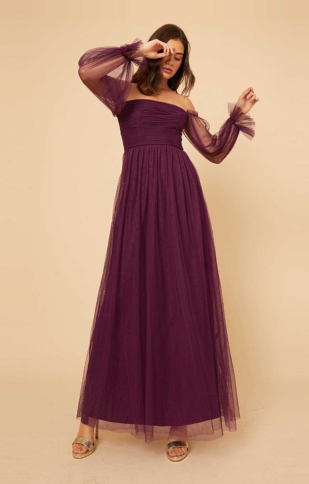 Little Mistress Plum Bardot Maxi Dress