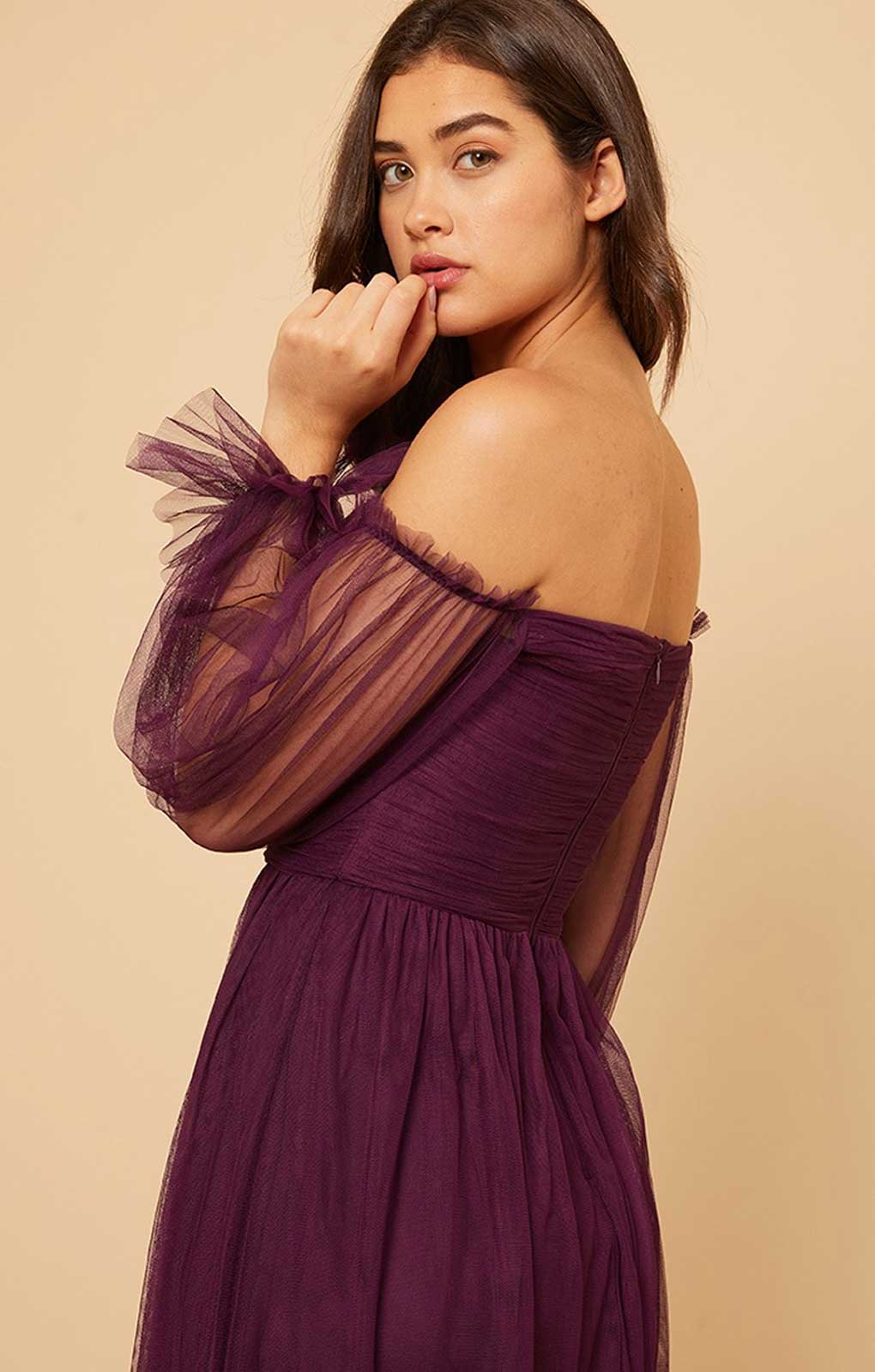Little Mistress Plum Bardot Maxi Dress