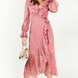 Little Mistress Sonia Rose And Gold Foil Frill Wrap Midi Dress