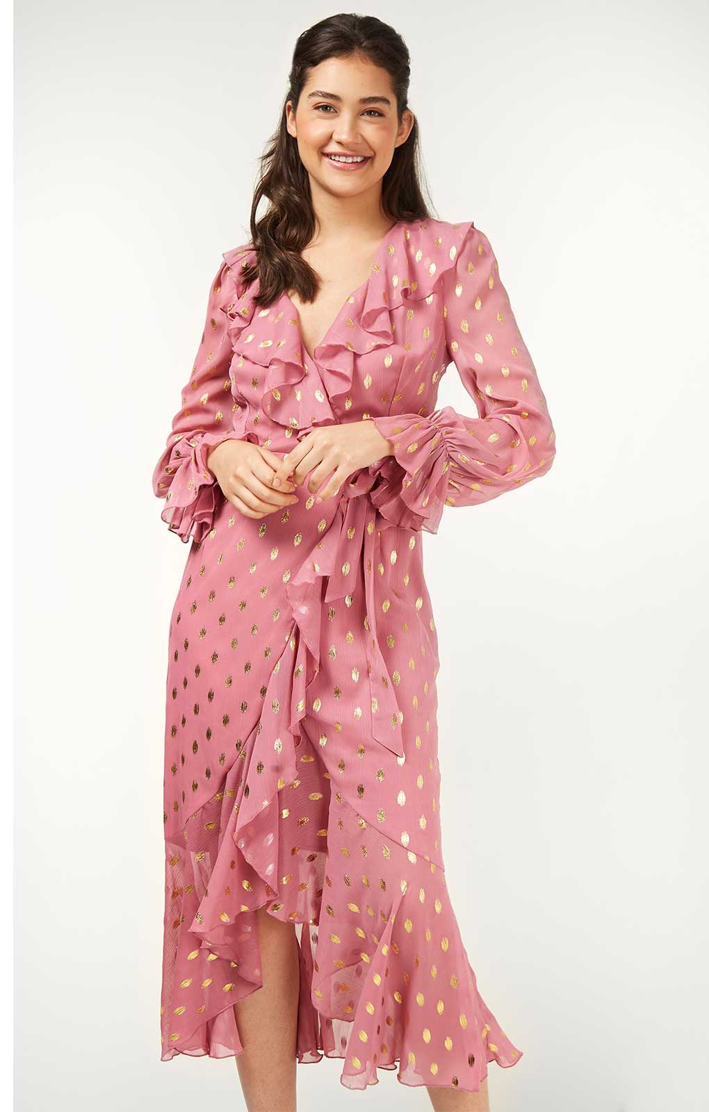 Little Mistress Sonia Rose And Gold Foil Frill Wrap Midi Dress