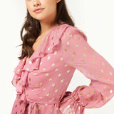 Little Mistress Sonia Rose And Gold Foil Frill Wrap Midi Dress