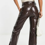 Vero Moda Vinyl High Rise Straight Leg Trousers In Brown