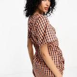 Vila Ruched Detail Mini Dress In Navy Check