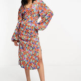 Vila Ruched Front Midi Dress In Red Floral Pint