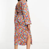 Vila Ruched Front Midi Dress In Red Floral Pint