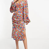 Vila Ruched Front Midi Dress In Red Floral Pint