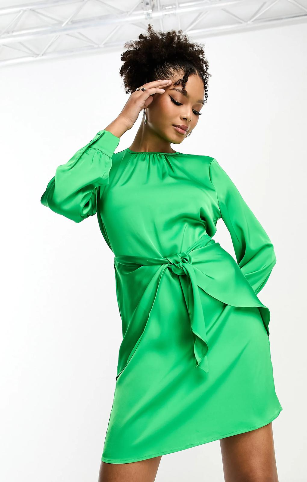 Rent Vila Satin Knot Front Mini Dress In Bright Green | Hirestreet Rent Vila Satin Knot Front Mini Dress In Bright Green | Hirestreet