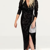 Little Mistress Vogue Williams Black Sequin Wrap Dress