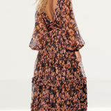 Warehouse Black Floral Tulle Balloon Sleeve Tiered Maxi Dress