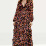 Warehouse Black Floral Tulle Balloon Sleeve Tiered Maxi Dress