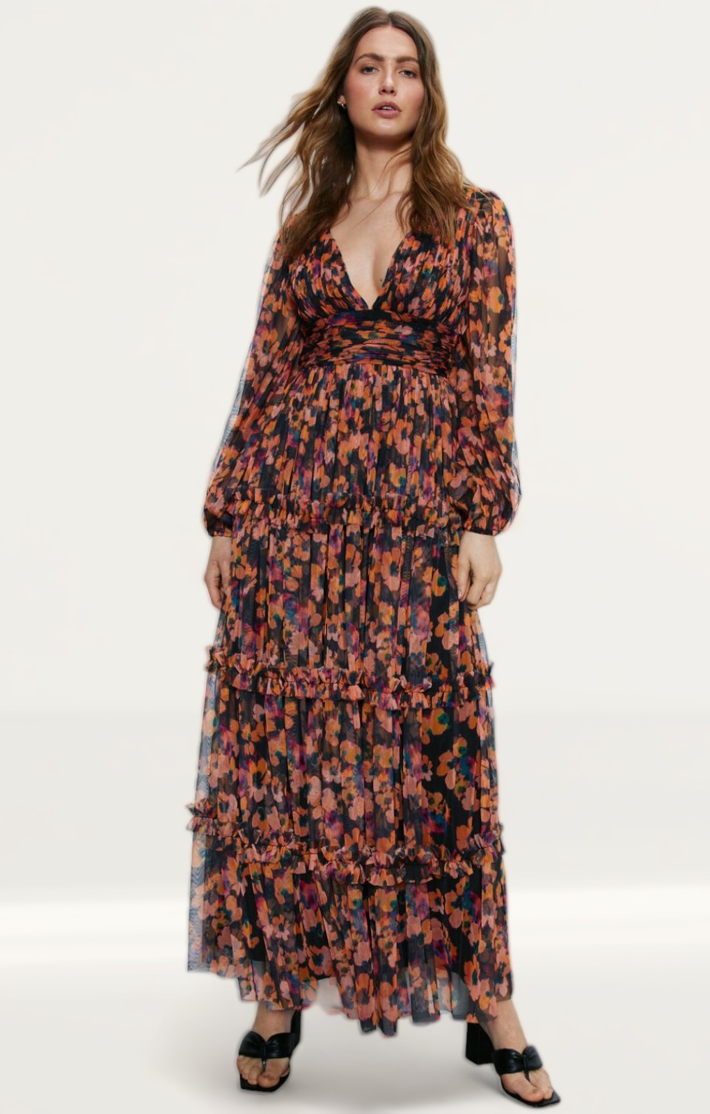Warehouse Black Floral Tulle Balloon Sleeve Tiered Maxi Dress