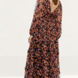 Warehouse Black Floral Tulle Balloon Sleeve Tiered Maxi Dress