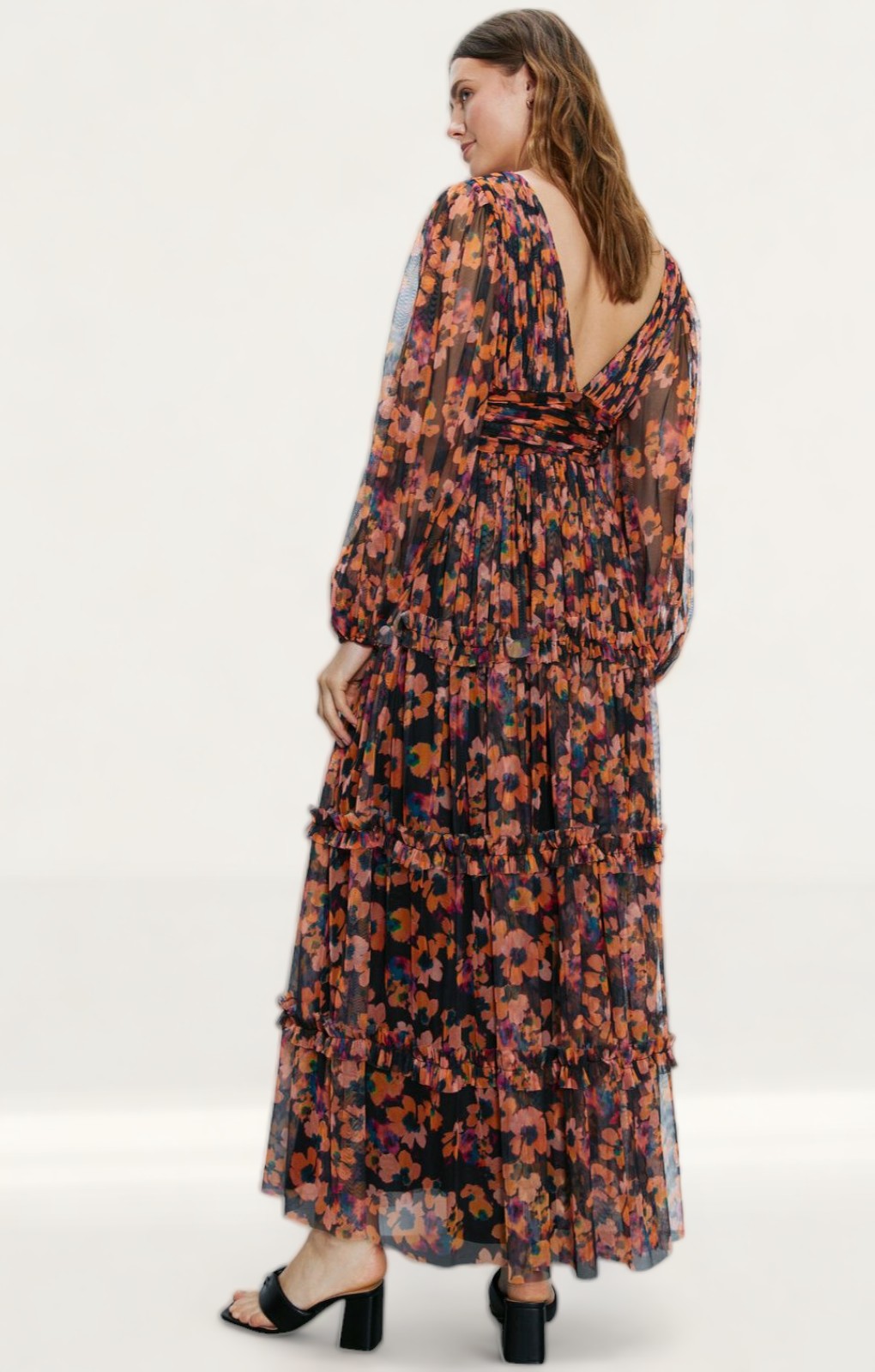 Warehouse Black Floral Tulle Balloon Sleeve Tiered Maxi Dress