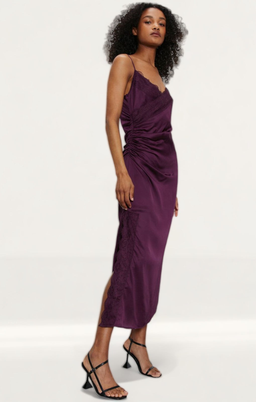 Warehouse Fig Lace Trim Ruched Side Slip Dress
