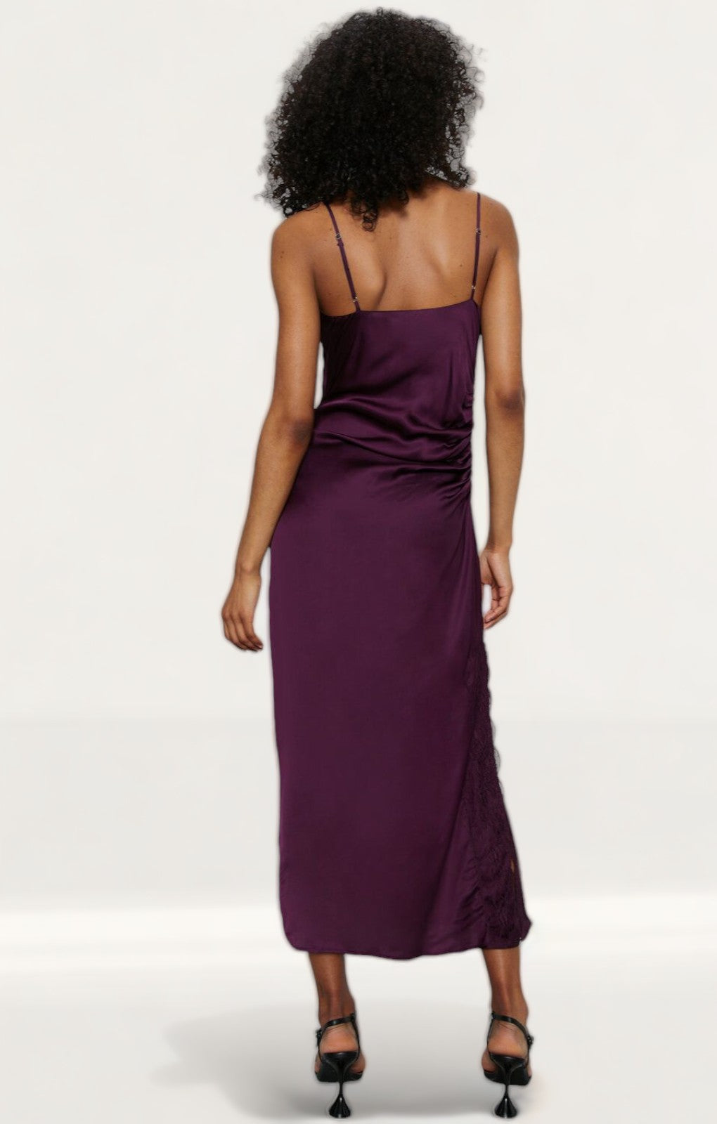 Warehouse Fig Lace Trim Ruched Side Slip Dress