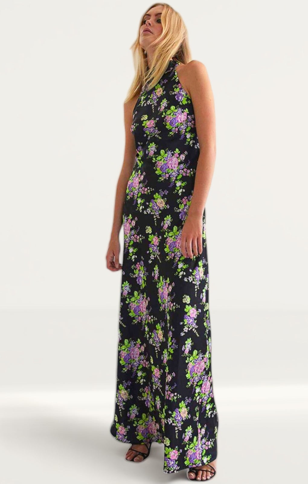 Warehouse Floral Satin Halter Backless Slip Dress