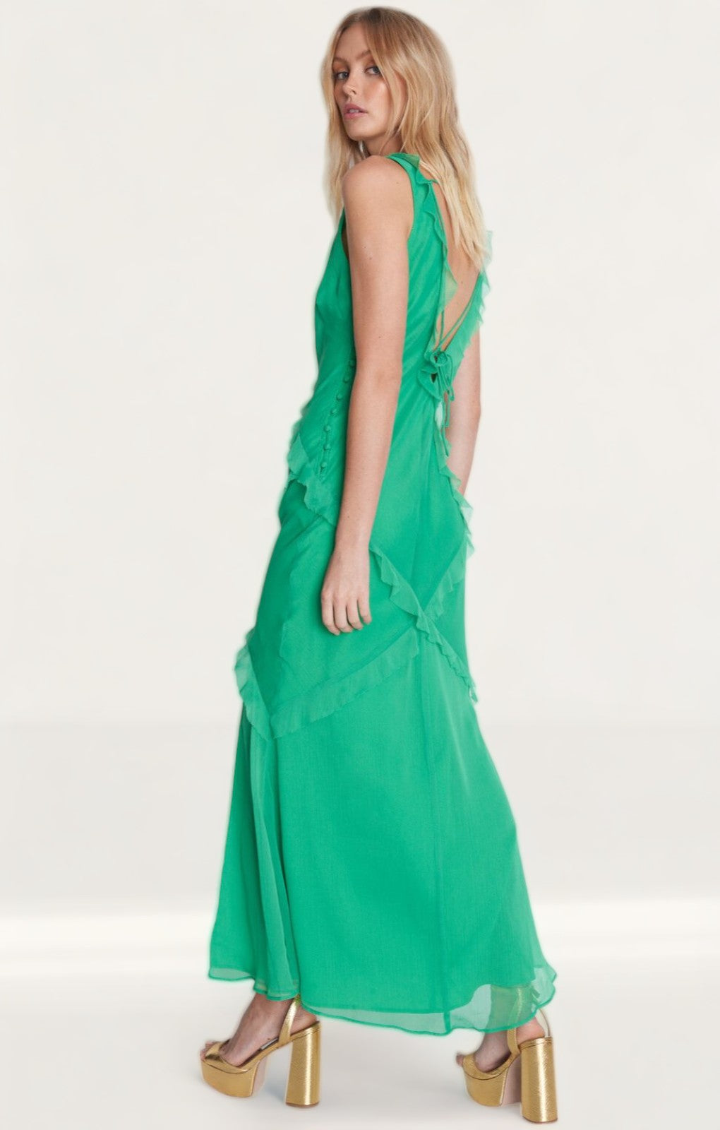 Warehouse Green Premium Ruffle Detail Maxi Dress