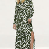 Warehouse Khaki Animal Print Satin Split Column Dress