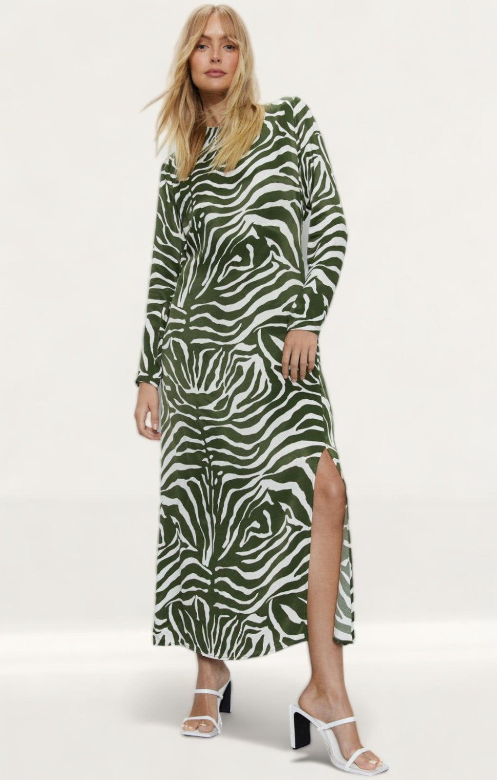 Warehouse Khaki Animal Print Satin Split Column Dress