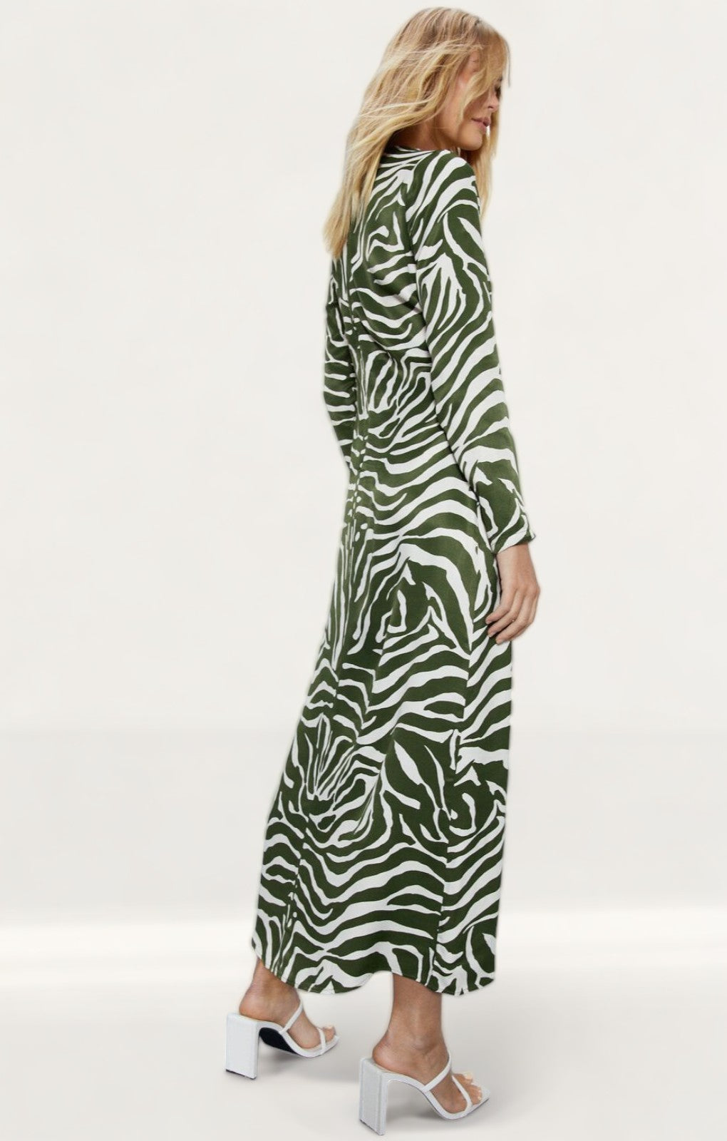 Warehouse Khaki Animal Print Satin Split Column Dress