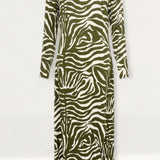 Warehouse Khaki Animal Print Satin Split Column Dress